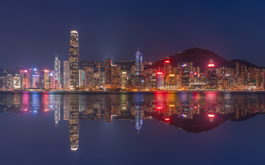 Fototapeta premium Modern office corporate building. Low angle view of skyscrapers in city of Hong kong .Panoramic and perspective view Business concept of success industry tech architecture. 