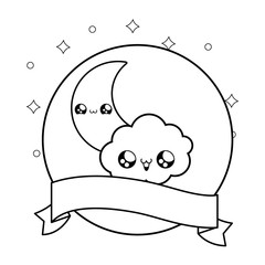 cute moon with cloud and ribbon decoration kawaii style