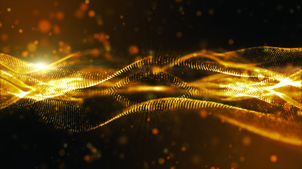 Gold color digital particles wave flow abstract motion technology background concept
