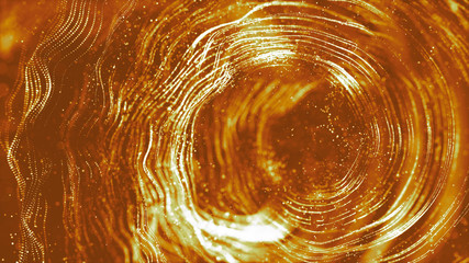 Gold color digital particles wave flow and twist abstract motion technology background concept