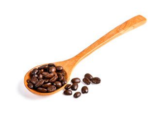 coffee bean isolated in wood spoon on white background