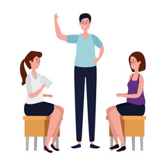 elegant business couple seated in benchs