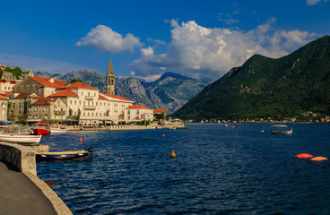 Scenic view of the postcard perfect historic town of Perast in the Bay of Kotor on a sunny day in the summer, Montenegro