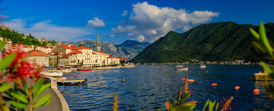 Scenic panorama of the postcard perfect historic town of Perast in Kotor Bay on a sunny day in the summer, Montenegro
