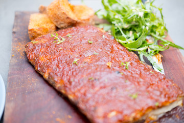 Pork ribs grilled with BBQ sauce and honey