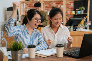 glad joyful positive freelance women coworkers looking at screen of laptop computer with raised hands and fists shouting screaming celebrating victory in modern coffee shop. bartender work in cafe