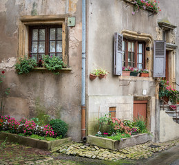 Fototapeta na wymiar Quaint old stone cottage with plants in windows and bordered by flowers