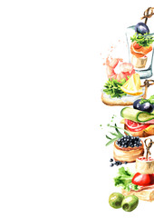 Obraz premium Appetizer for a festive table. Mini canape template. Watercolor hand drawn illustration isolated on white background