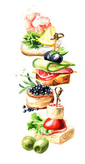 Appetizer for a festive table. Mini canape vertical border. Watercolor hand drawn illustration isolated on white background