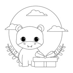 cute hippopotamus animal with gift box