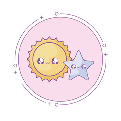 cute hot sun with star in frame circular kawaii style