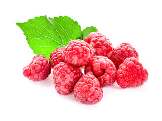 Fresh raspberry with leaves closeup isolated on white background