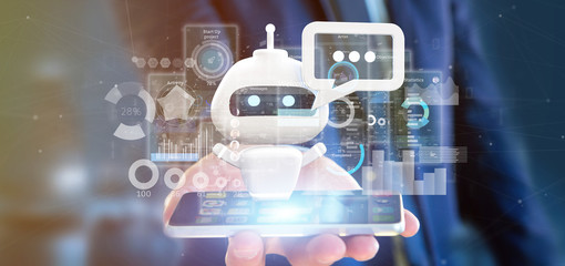 Businessman holding Chatbot with binary code, message and data 3d rendering