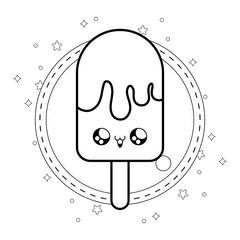 ice cream in stick in frame circular kawaii style