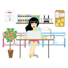 working woman with smiling face is sitting on the office chair in her shop . Flat Illustration , vector image