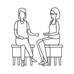 elegant businesswomen seated in benchs