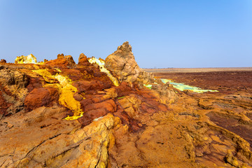 Beautiful small sulfur lakes Dallol, Ethiopia. Danakil Depression is the hottest place on Earth in terms of year-round average temperatures. It is also one of the lowest places on the planet