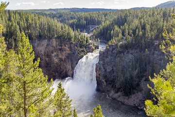 The upper falls of the Yellowstone river with Chittenden Bridge in the background..
