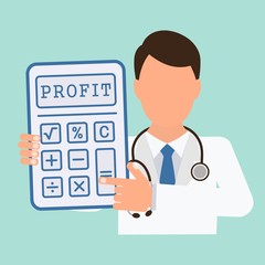 Doctor. Calculator. The cost of medical services. Insurance. Vector flat design.