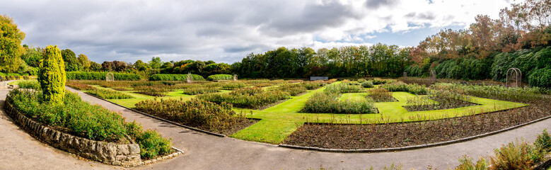 A scenic panorama of a renovated Queen Mother Rose Garden in Hazlehead park, Aberdeen, Scotland