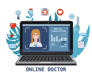 Online doctor women healthcare concept icon set. Doctor videocalling on a laptop