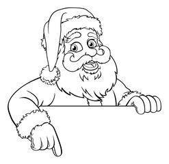 Santa Christmas cartoon character peeking over a sign and pointing at it