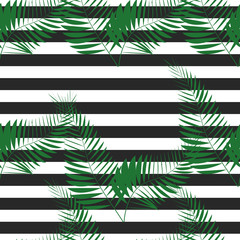 Obraz premium Contemporary geometric fashion print with palm leaves and stripes. Abstract wallpaper pattern