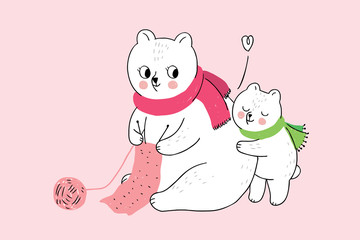 Cartoon cute winter mother and baby hugging  vector.