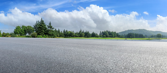 Country asphalt road and green woods nature landscape in summer