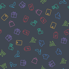 black friday shopping seamless color pattern on dark background. commercial shopping abstract vector texture for packaging, pattern on paper, wrappers