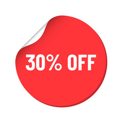 round red discount sticker. bent label isolated on white background. discount 30 percent off. illustration for promo advertising discounts