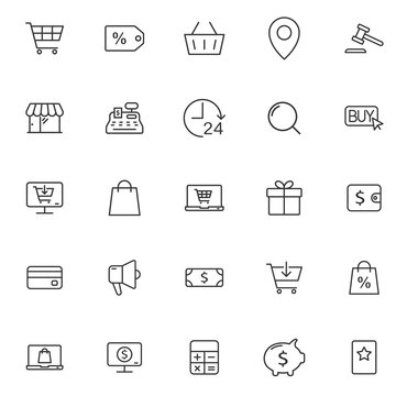 e-commerce outline vector icons large set isolated on white background. business commerce comcept. e commerce flat icons for web, mobile and ui design.