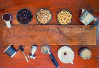 Background coffee equipment and free space for messages