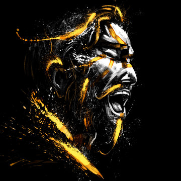 Portrait of a singing mustachioed man in a Golden spray. 2D illustration