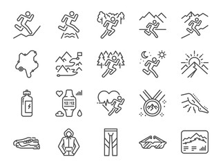 Trail running line icon set. Included icons as runner, sport, healthy, mountain course, marathon and more.