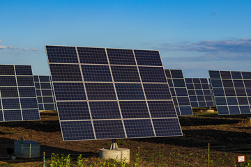 Sun Energy Panel. Renewable Solar Electricity Power. Alternative and Clean Eco Energy Generator Field. Modern Electric System Technology. Nature Light Collector Equipment. Sunlight Recycling Plant