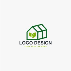 Greenhouse logo design vector. Plant care illustration symbol. Green leaf sign. Green house and leaf vector icons.