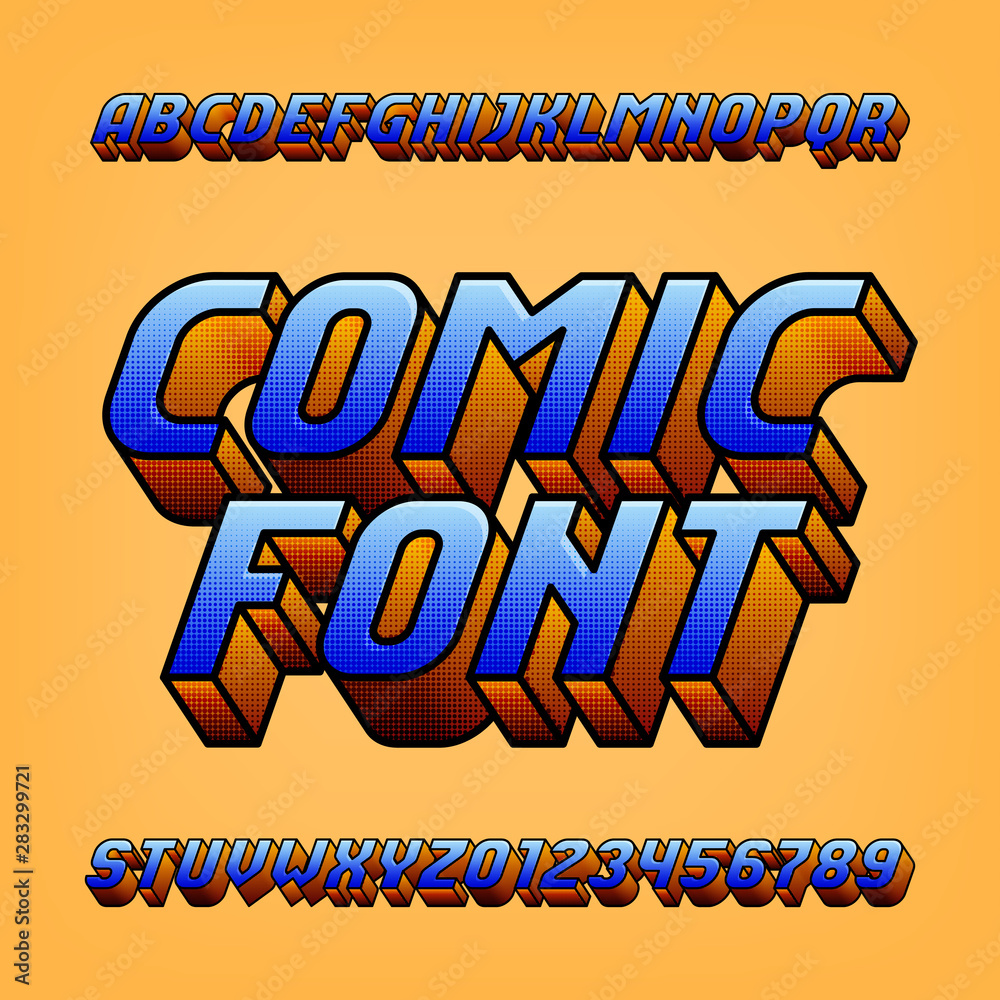 Fototapete comic alphabet font. retro style 3d letters and numbers. stock vector typescript for your typography