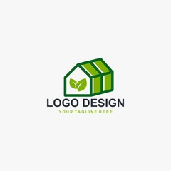 Greenhouse logo design vector. Plant care illustration symbol. Green leaf sign. Green house and leaf vector icons.