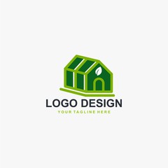 Greenhouse logo design vector. Plant care illustration symbol. Green leaf sign. Green house and leaf vector icons.