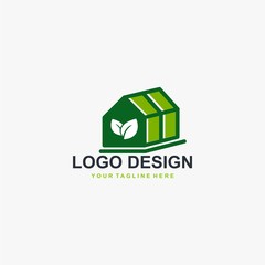 Greenhouse logo design vector. Plant care illustration symbol. Green leaf sign. Green house and leaf vector icons.