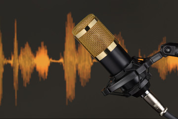 Gold colored condenser microphone over waveform.