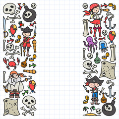 Vector set of pirates children's drawings icons in doodle style. Painted, colorful, pictures on a piece of paper on white background.