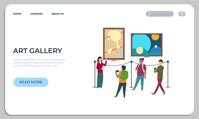 Art works landing page. Viewers walk and watch painting and artworks website. Vector modern colorful contemporary art exhibition webpage