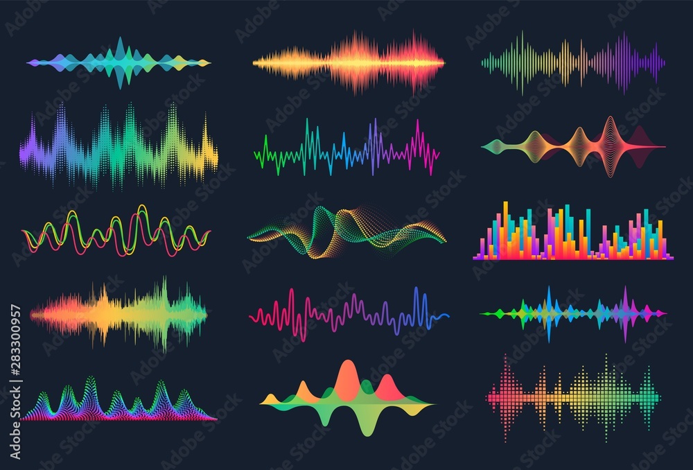 Poster Sound waves. Frequency audio waveform, music wave HUD interface elements, voice graph signal. Vector audio electronic color wave set