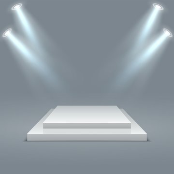 Square illuminated podium. Stage pedestals winner scene with lighting. 3D two-stage platform on gray background. Vector realistic light