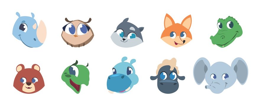 Cute animal faces. Baby pets and wild forest animals smiling heads, animal children characters avatars. Vector illustration little woodland isolated face icon set
