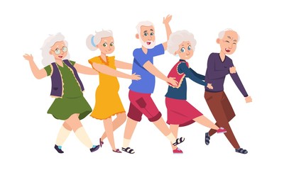 Obraz premium Old people dancing. Diverse elderly cartoon characters dancing a conga line, happy funny persons. Vector illustration active grandparents isolated set on white background