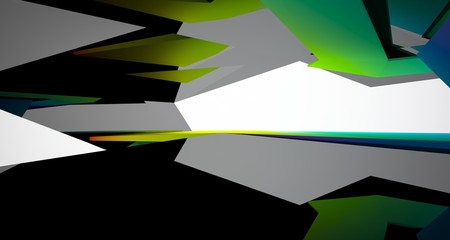 Abstract architectural black and color gradient gloss interior of a minimalist house with large windows. 3D illustration and rendering.