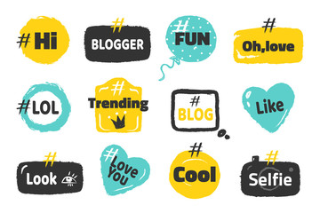 Hashtag social banners. Trendy blog slang logos concept, fun post tag design on speech bubble. Vector illustration fun boxes modern social media set for web message